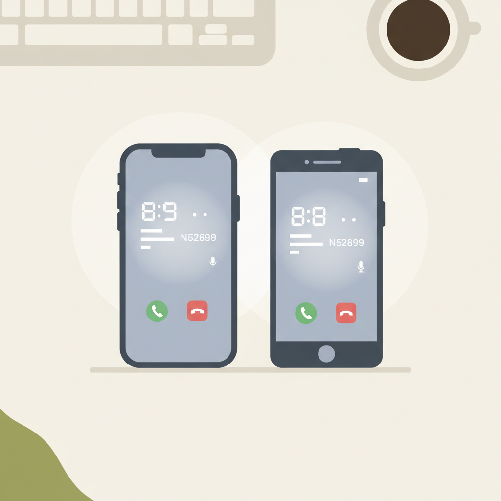 An iPhone and an Android phone placed next to each other, each showing the same phone number on their screens.