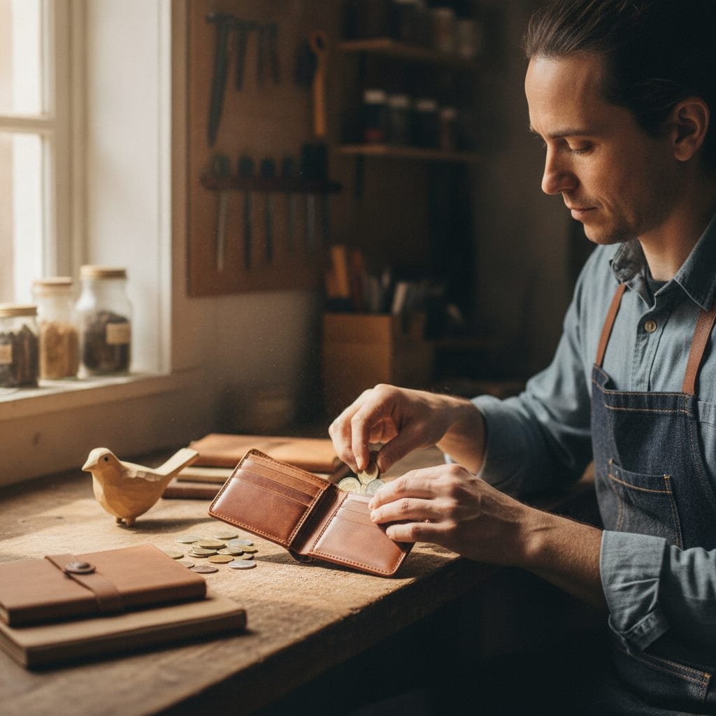 A business owner at a workbench placing coins into an open leather wallet.