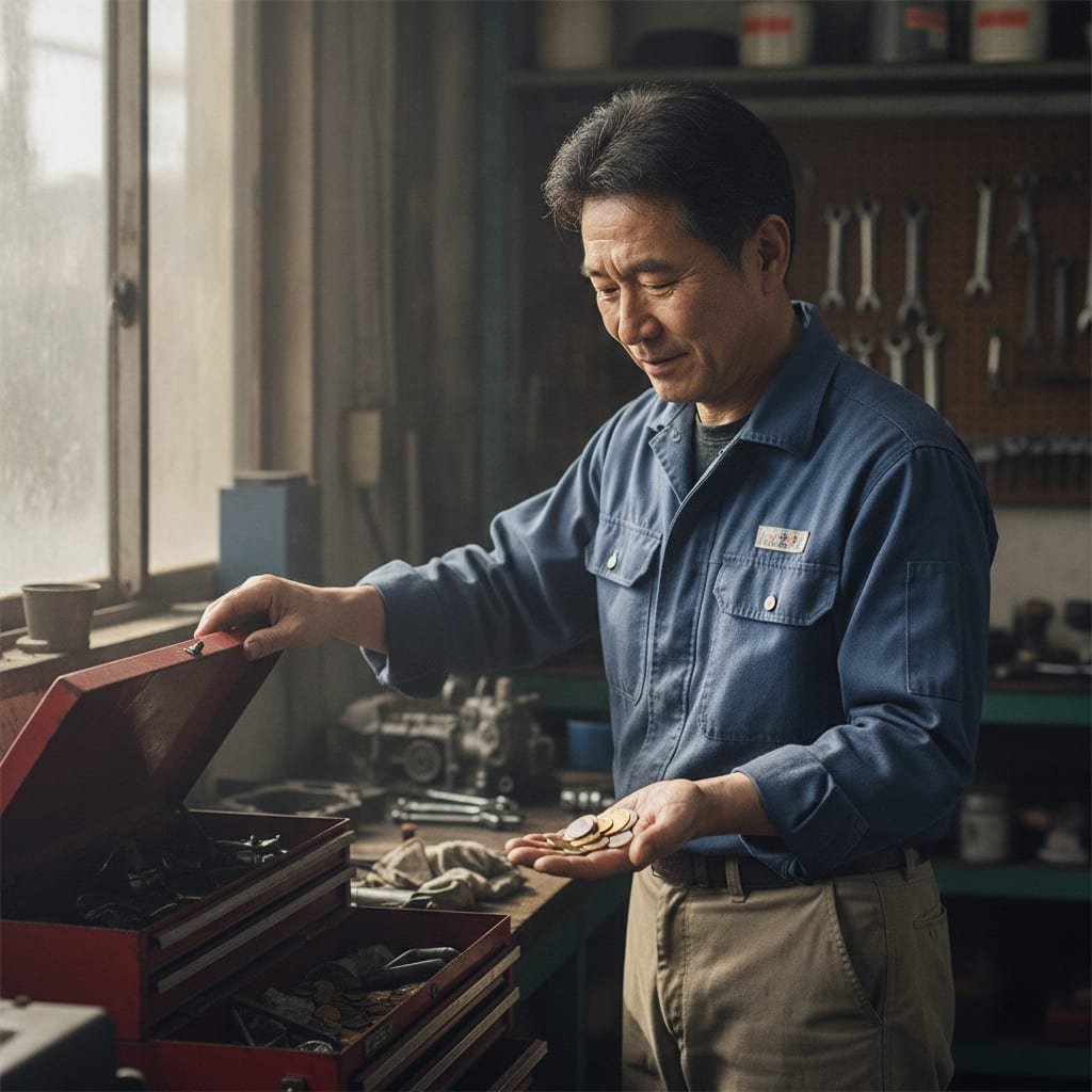 A business owner closes a toolbox with one hand while holding a handful of coins in the other hand.