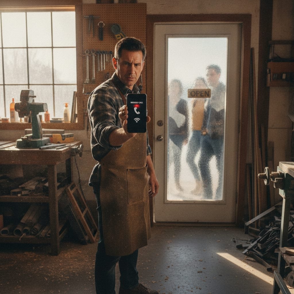 A business owner glancing at a phone with a blinking notification light while customers wait near the shop entrance.