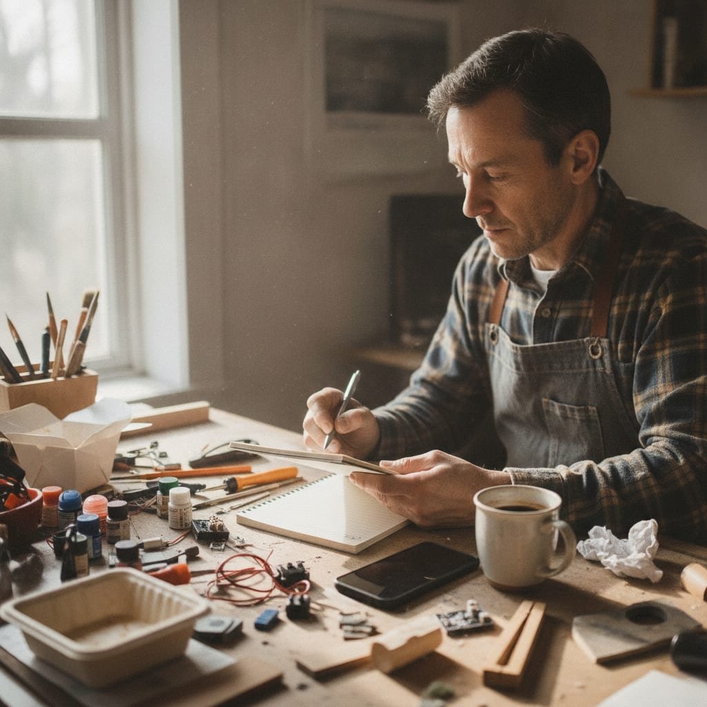 A business owner sits at a workbench with a pen and notepad next to a phone that is turned off.