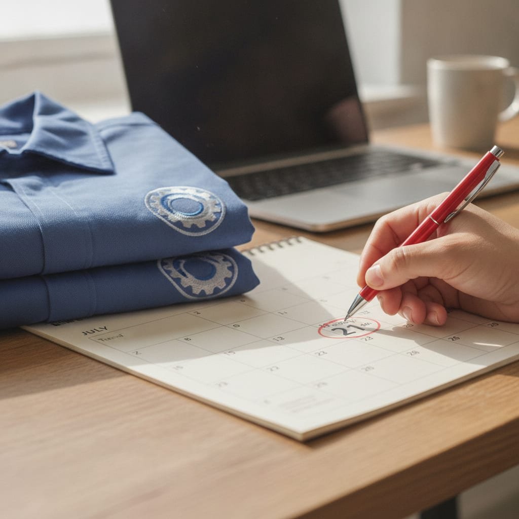 A calendar on a desk has a date circled in red pen beside a stack of folded work shirts.