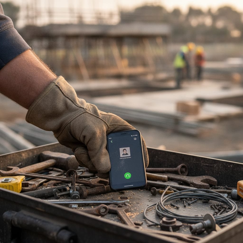 A close-up of a hand reaching for a phone resting in a toolbox tray on a job site.