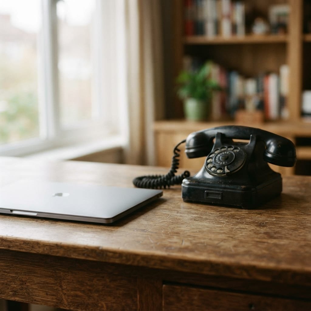 A closed laptop computer placed beside a traditional corded desk telephone.