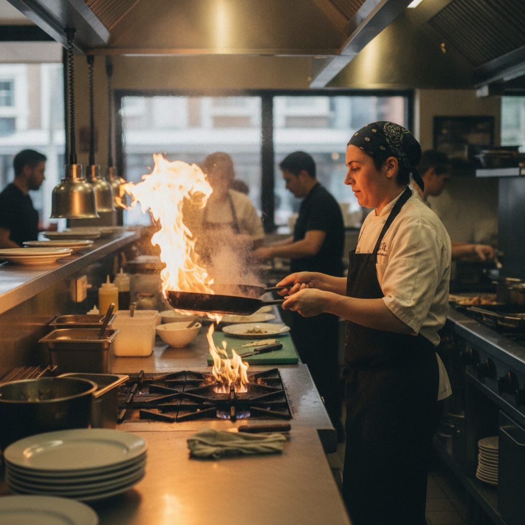 A cook holding two sizzling pans over a flaming stove in a busy restaurant kitchen.