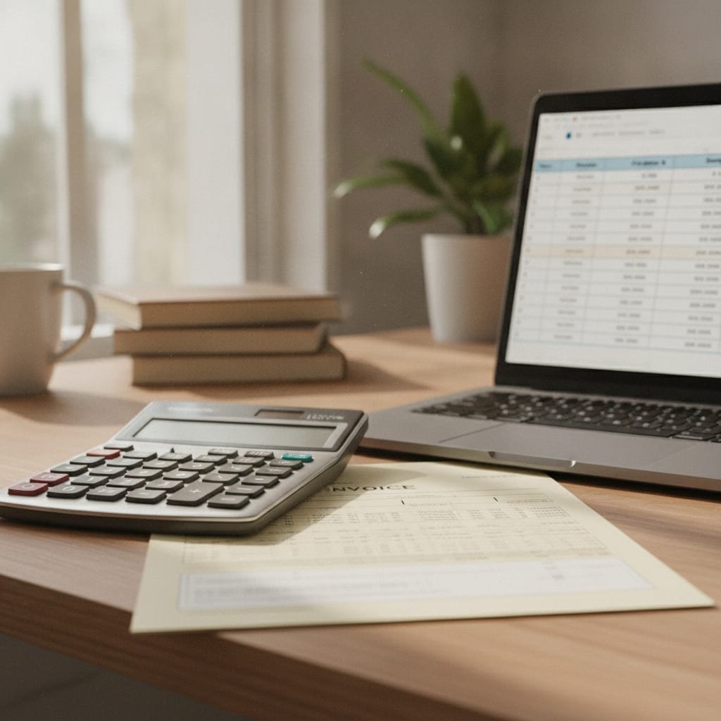 A desk holds a printed invoice, a calculator, and a laptop screen showing a table of pricing tiers.