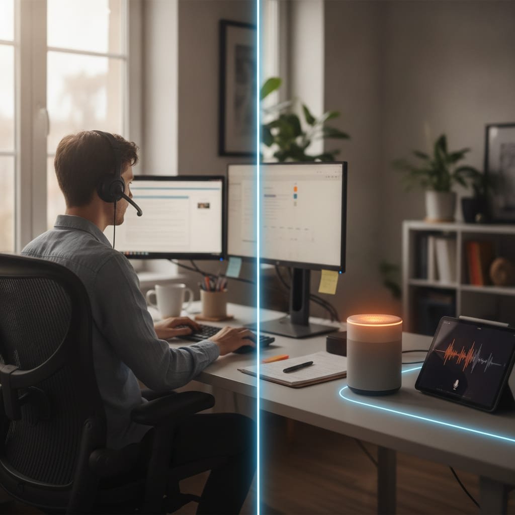 A desk with a telephone headset on one side and a small illuminated electronic device on the other, representing two different ways of answering calls.