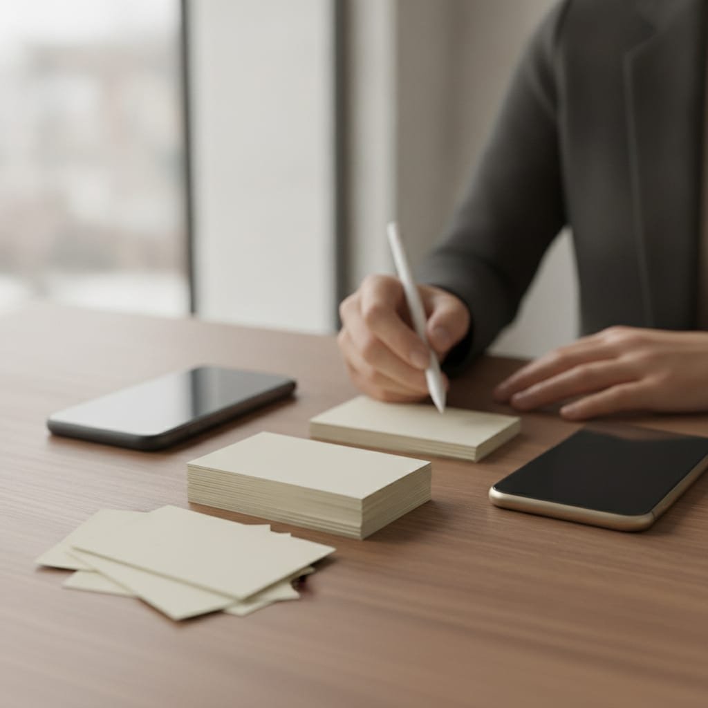 A desk with two phones and a handful of blank business cards spread out together.