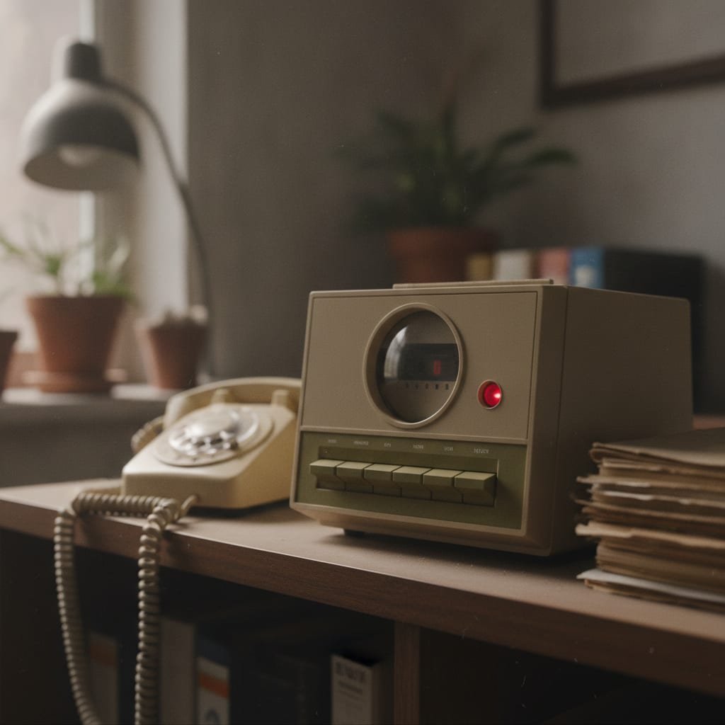 A desktop answering machine with a blinking red light sits unattended on a shelf.