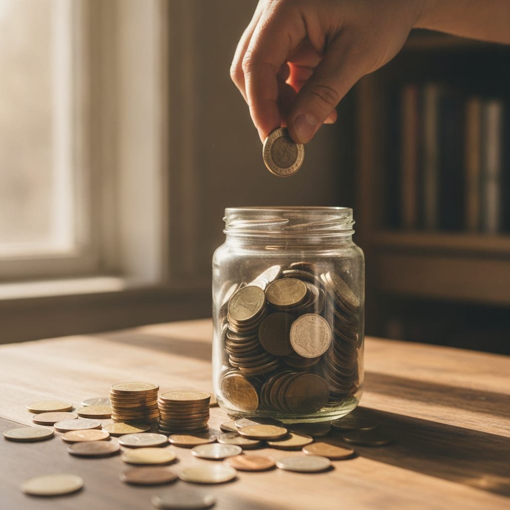 A hand dropping a coin into an overfull glass jar with coins spilling out onto the table.