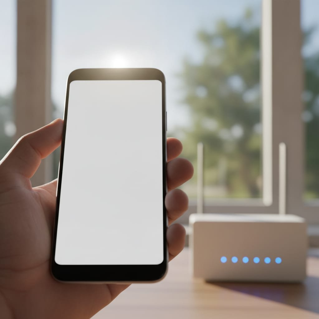 A hand holding a smartphone near a window with a wifi router visible in the background.