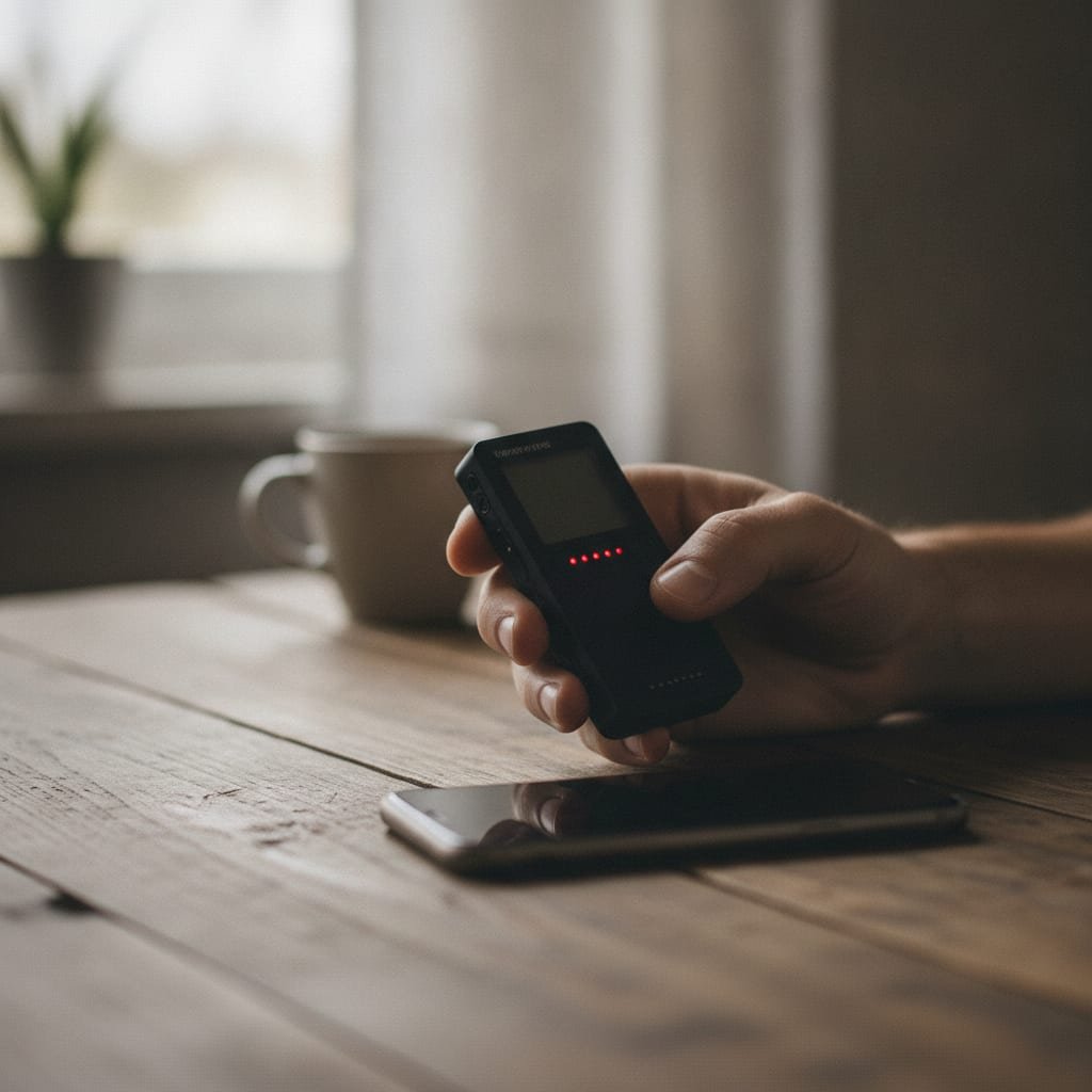 A hand holds a small digital voice recorder with a glowing red light beside a smartphone on a table.