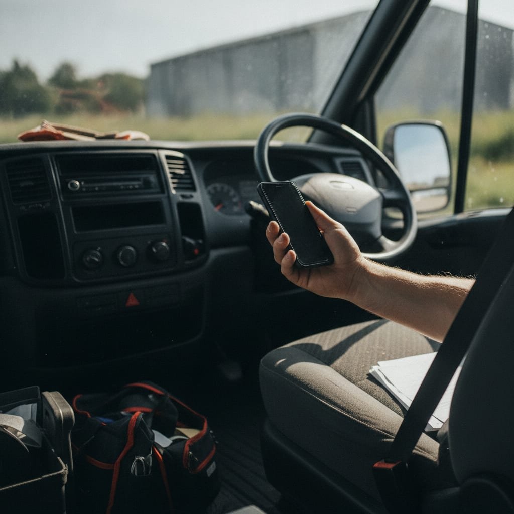 A hand holds a smartphone facing away from the viewer inside a work van.