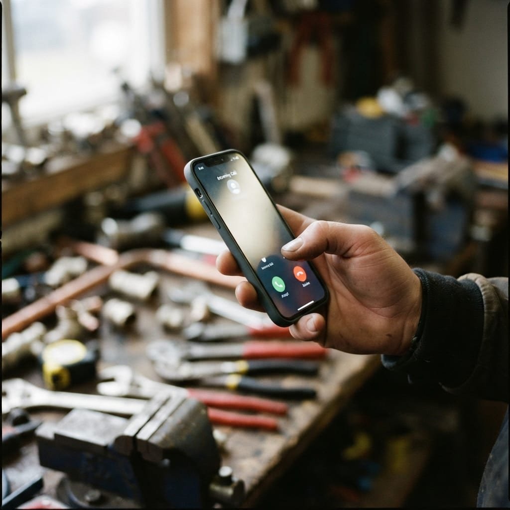 A hand holds up a ringing mobile phone near a workbench covered with plumbing tools.