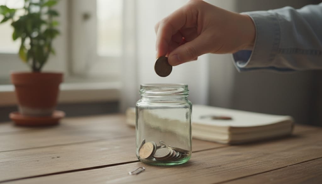 A hand places one coin into a small jar beside an untouched tall stack of coins.