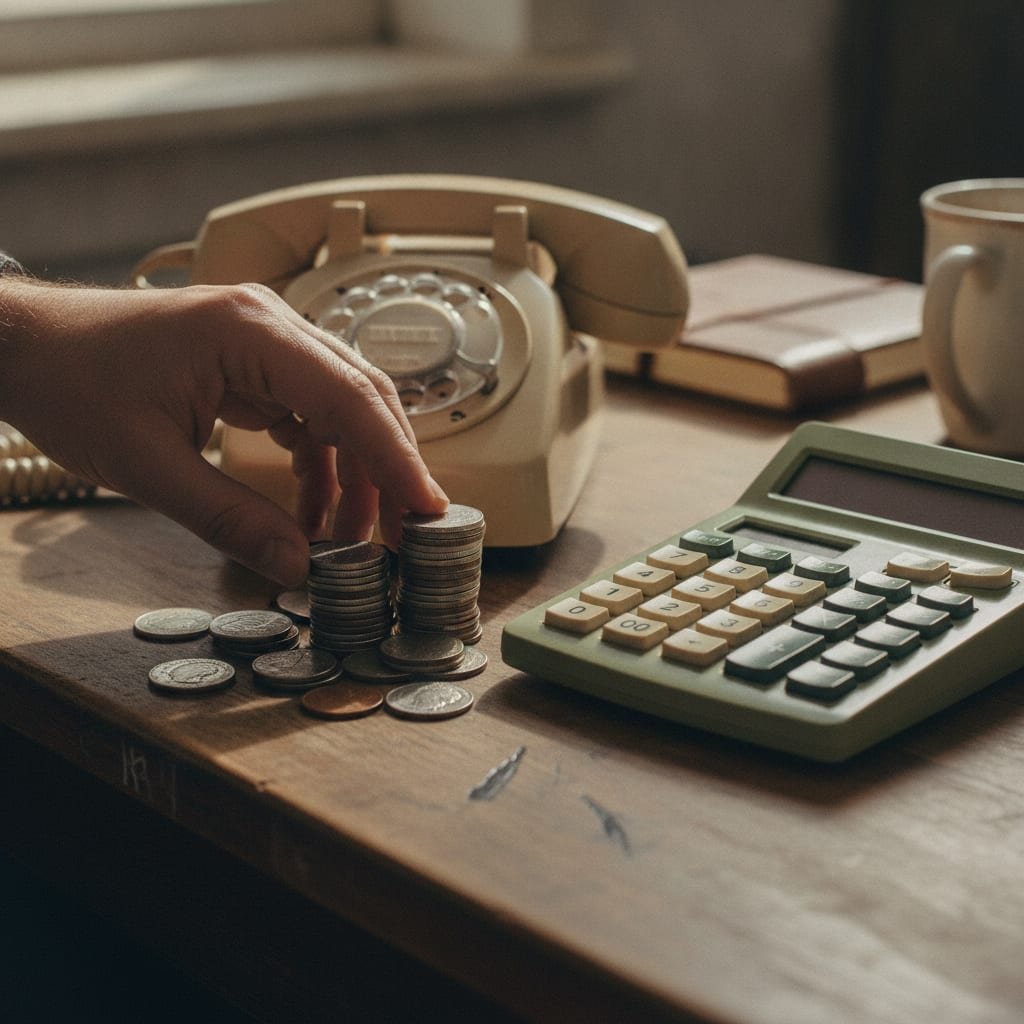 A hand placing coins beside a telephone and a calculator on a desk.