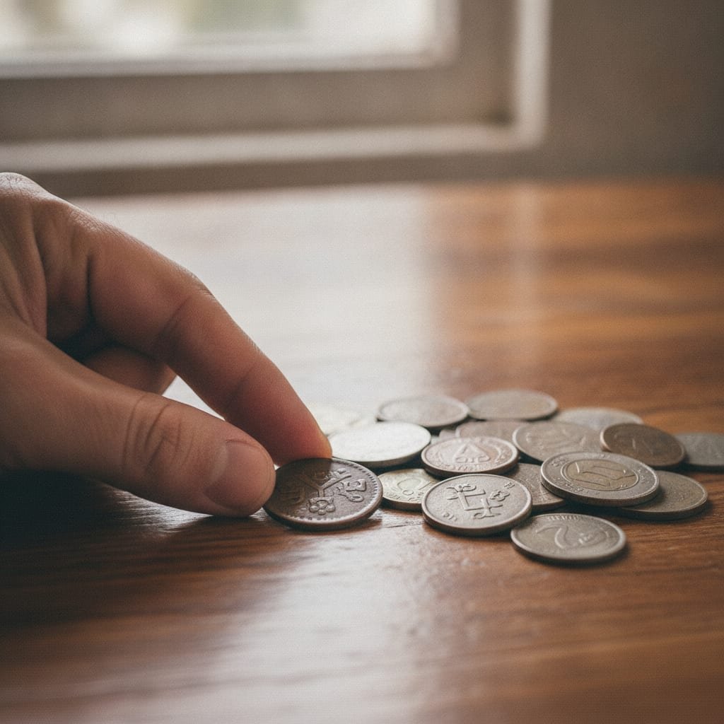 A hand placing one coin down beside a small scattered pile of coins on a table.