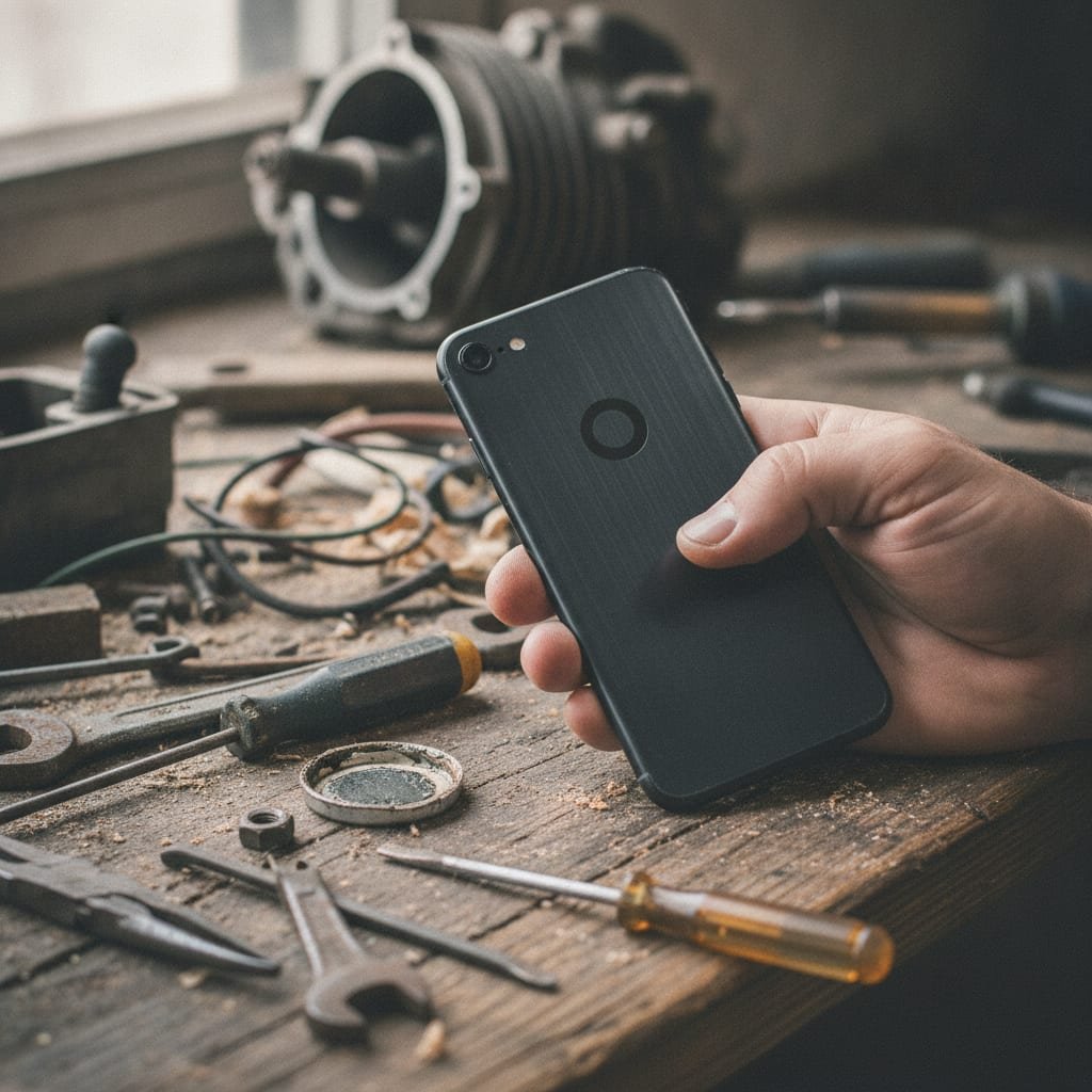 A hand rests an iPhone screen-down on a wooden workbench surrounded by hand tools.
