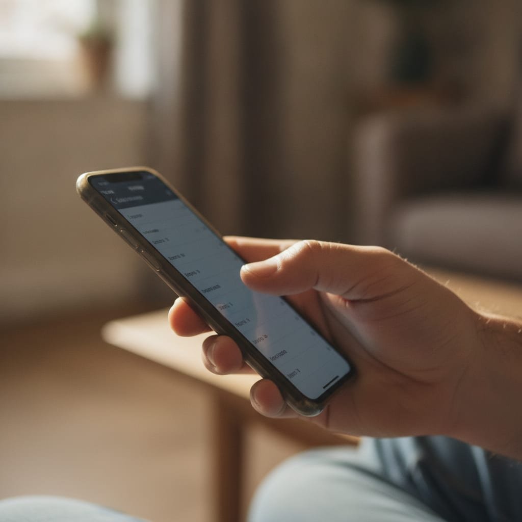 A hand scrolling through a phone's call history list, the screen angled so the text is not visible.