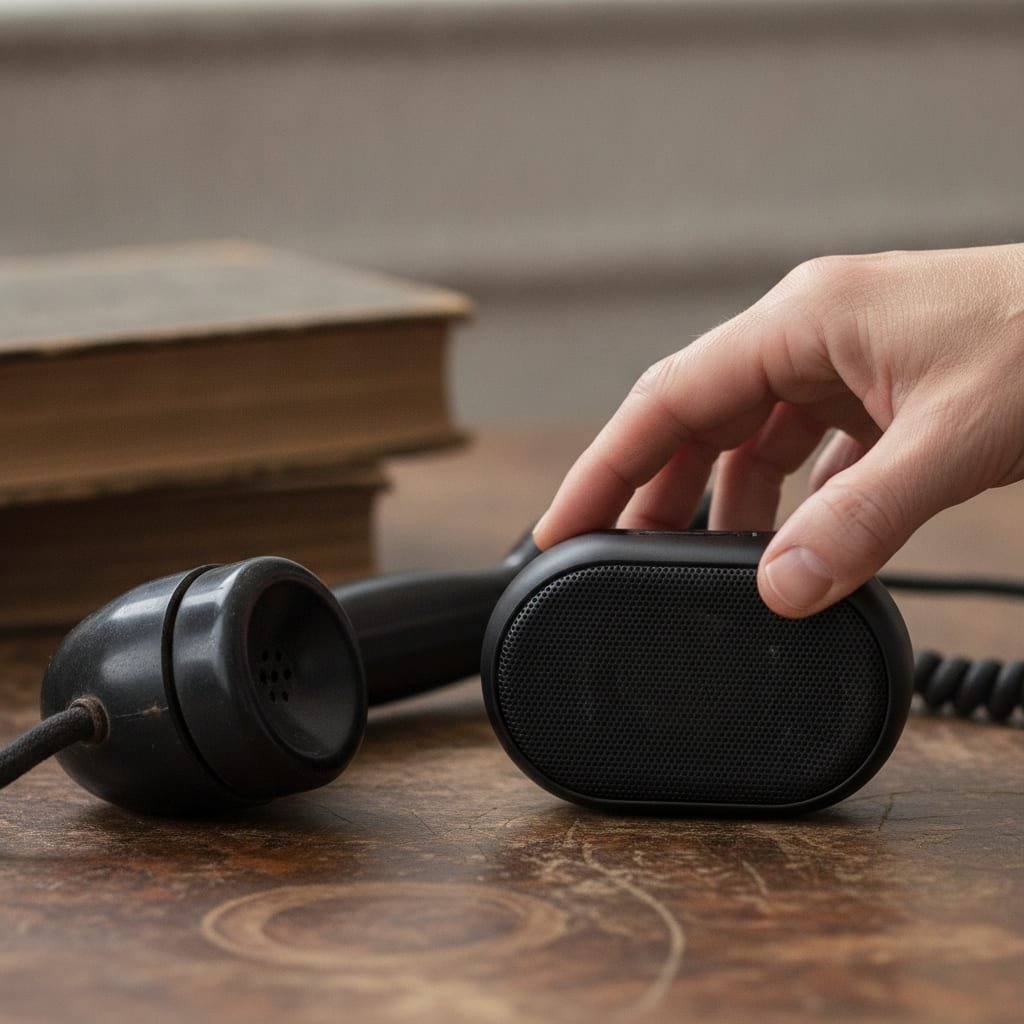 A hand sets a small modern electronic device down next to an old telephone handset that sits unplugged.