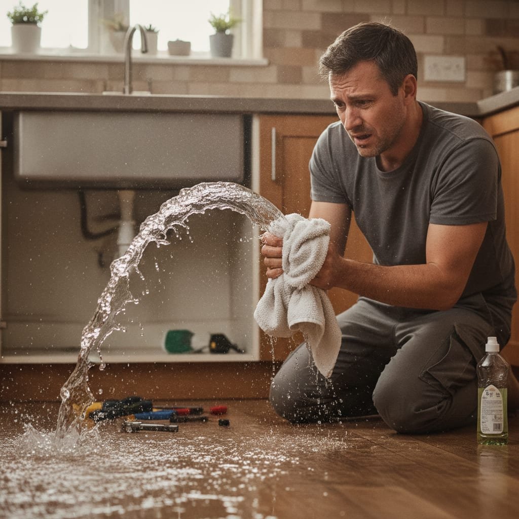 A homeowner kneels at an open kitchen cabinet, pressing a towel against water spraying from a burst pipe under the sink.