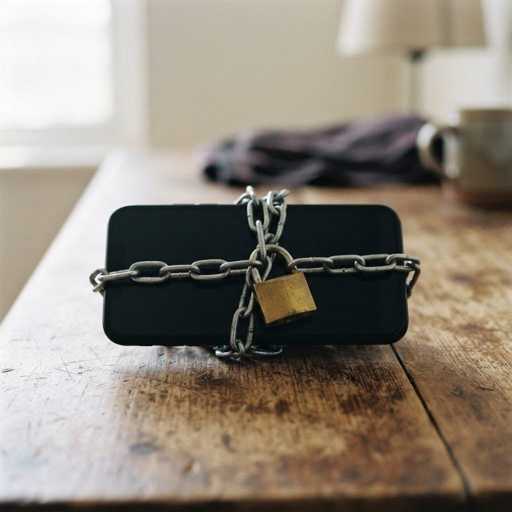 A padlock and chain wrapped around a switched-off smartphone resting on a table.