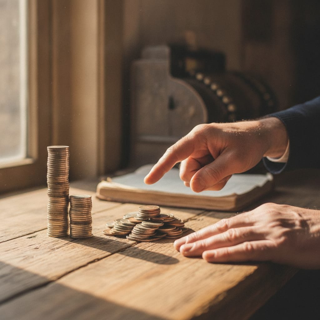 A pair of hands comparing two different-sized stacks of coins on a wooden counter.