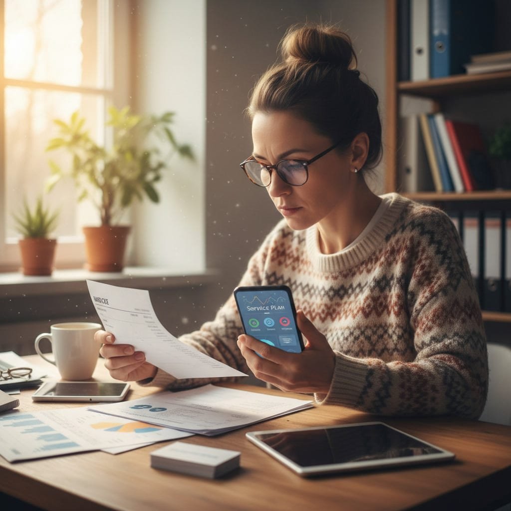 A person at a desk holding a paper invoice in one hand and a smartphone in the other, comparing the two.