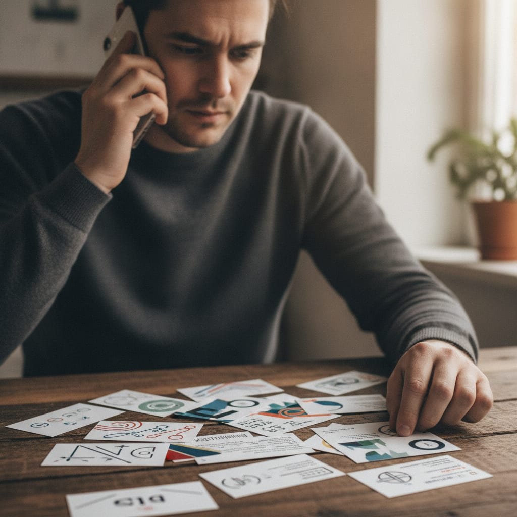 A person holding a phone and sorting through several business cards laid out on a table.