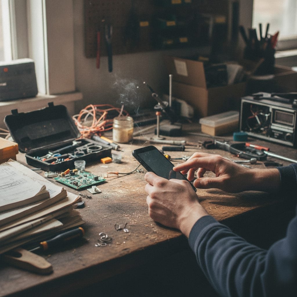 A person's hands typing on the back of a smartphone at a workshop desk covered with small tools.