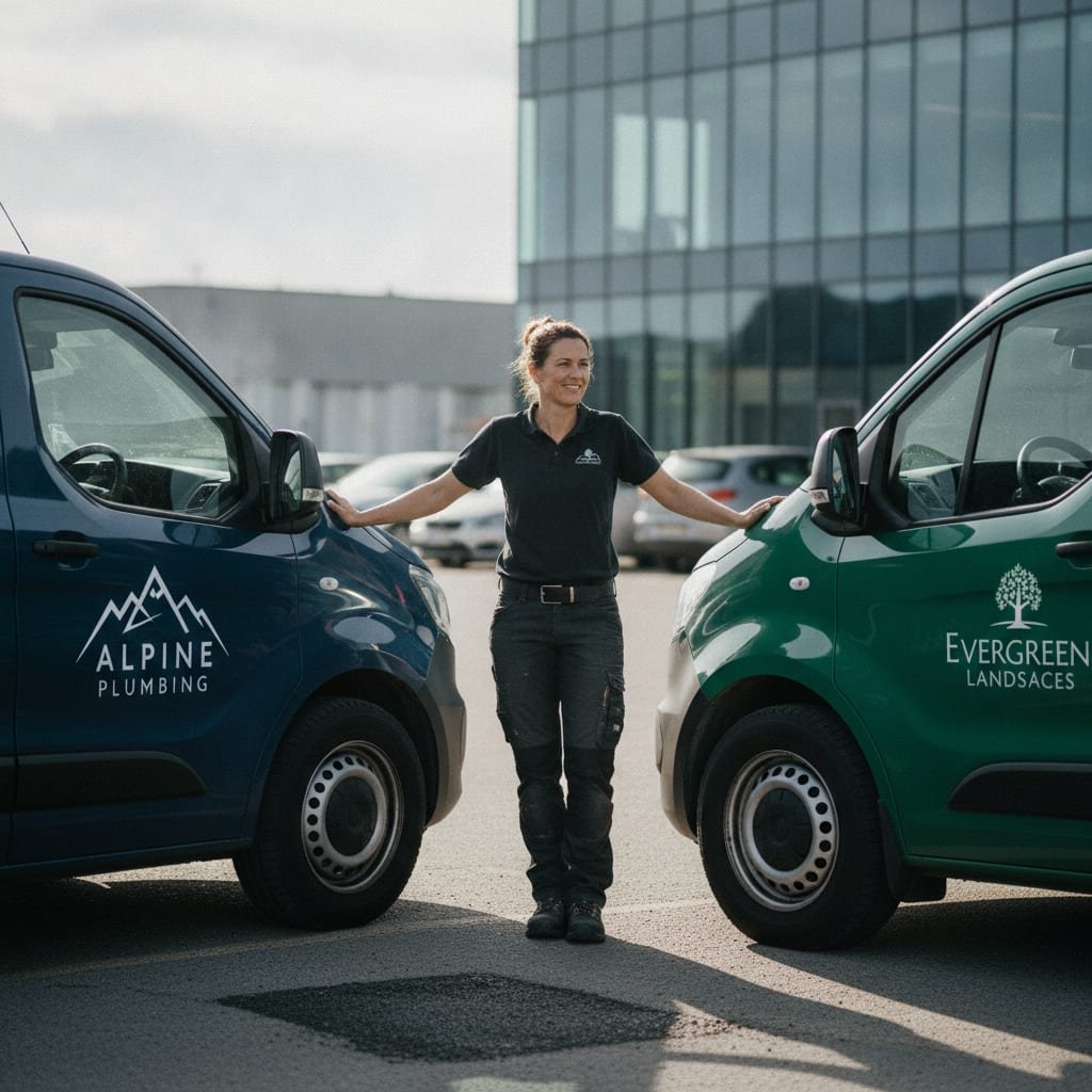 A person stands between two different work vans, touching the door handle of each with one hand on either side.