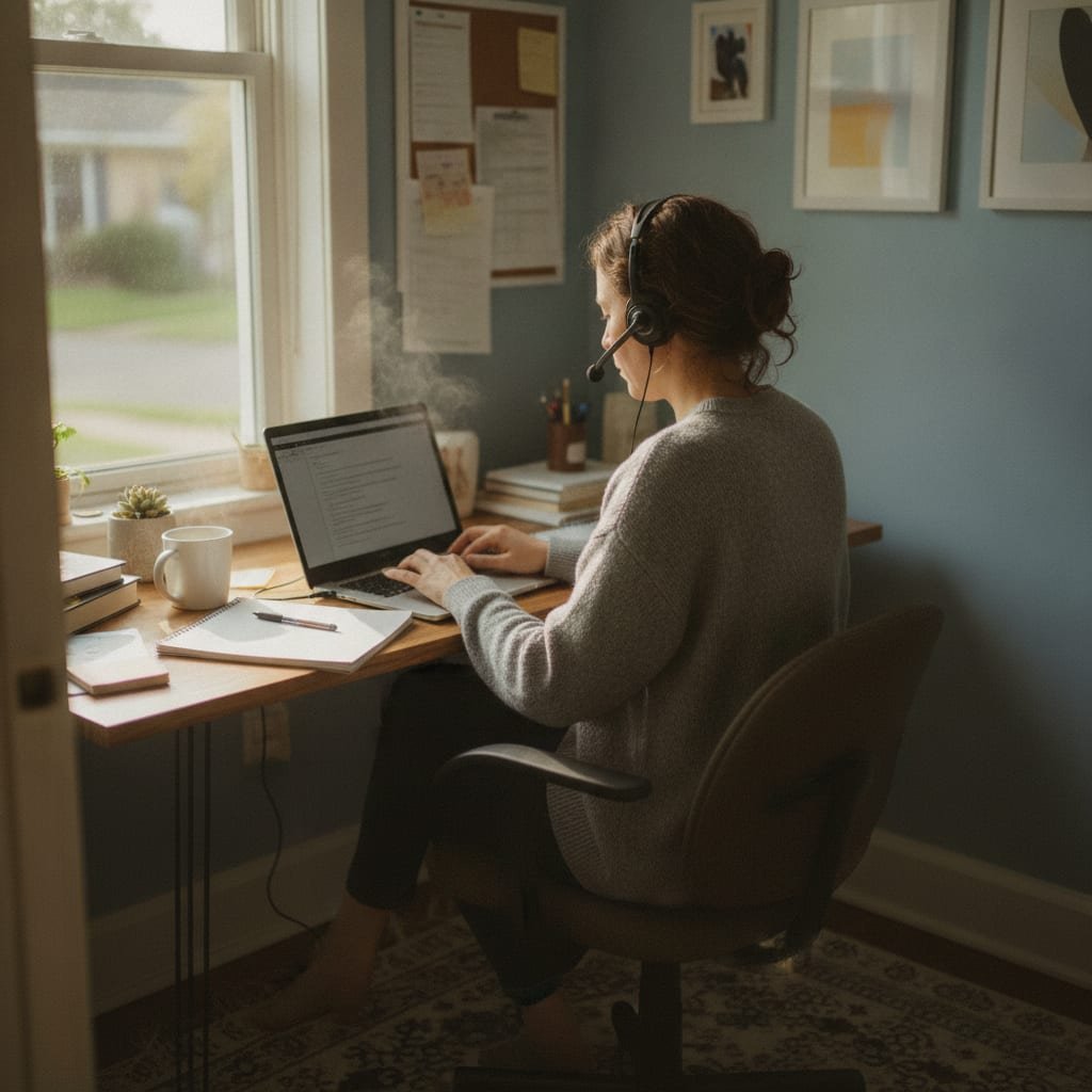 A person wearing a headset and typing on a laptop at an office desk while on a phone call.