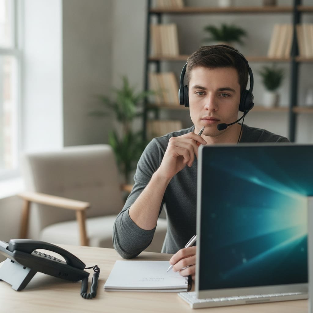 A person wearing a headset at a desk, speaking calmly during what appears to be an evening work shift.