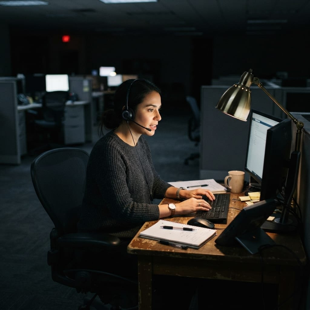 A person wearing a headset works alone at a desk lamp-lit office late at night.
