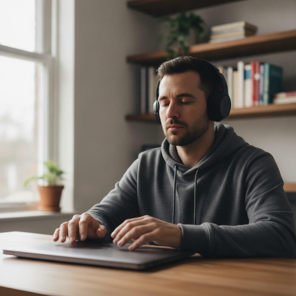 A person wearing headphones sits at a desk, eyes closed, listening carefully with a closed laptop in front of them.
