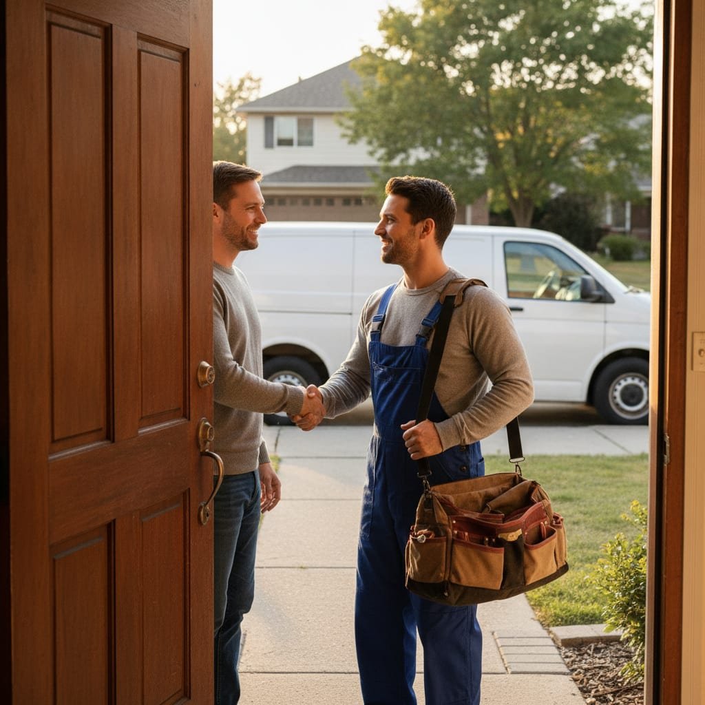 A plumber holding a toolbag shakes hands with a homeowner at their front door, with a plain white van parked in the driveway.