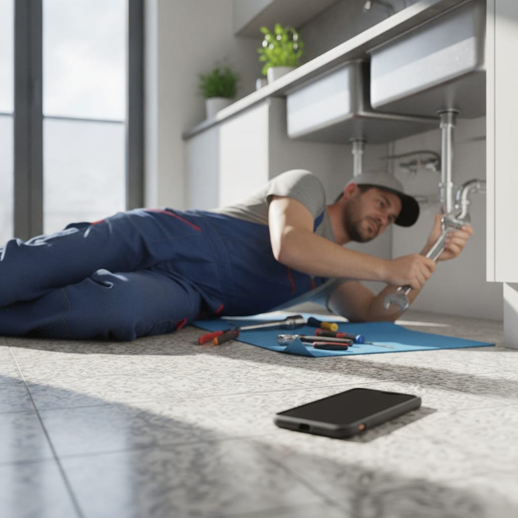 A plumber works under a sink with a wrench while a phone lies face-down and unanswered on the floor beside them.