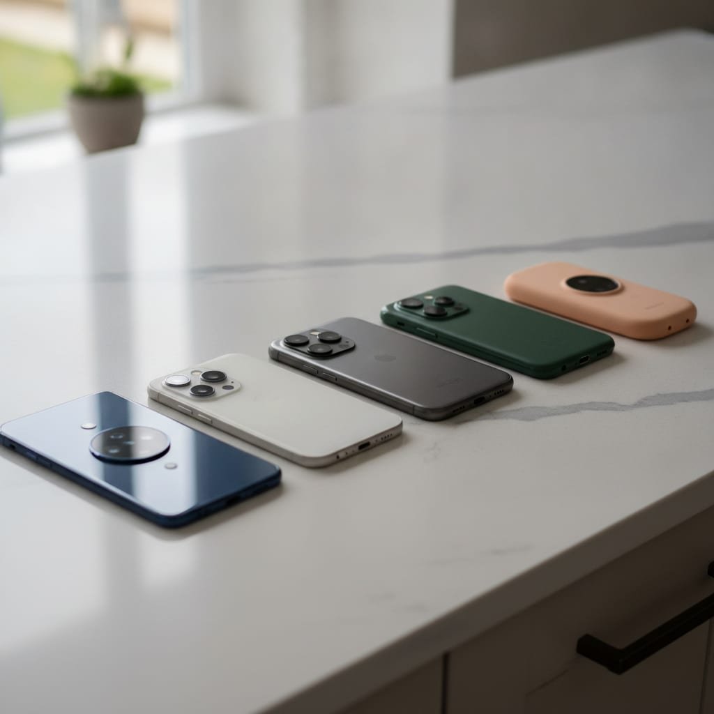 A row of assorted smartphones of different shapes and sizes lying face-down on a counter.