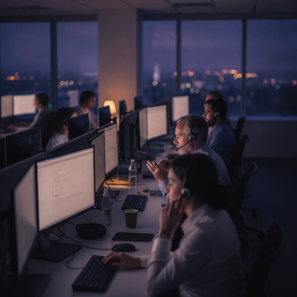 A row of call center agents wearing headsets work at desks with computer monitors during a night shift.