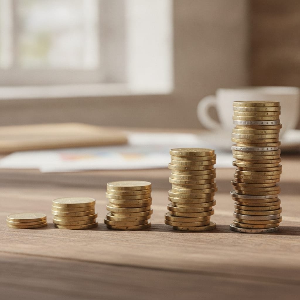 A row of coin stacks of increasing height arranged side by side on a flat surface.