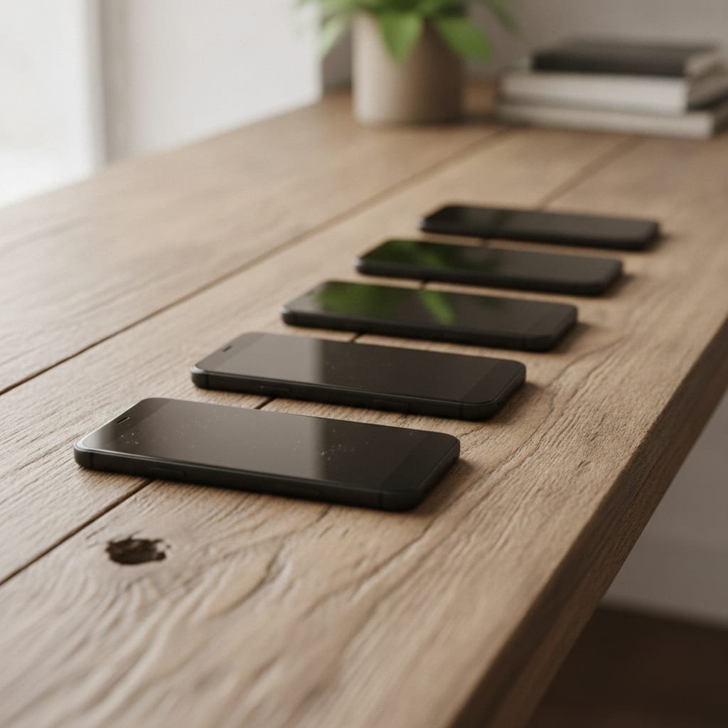 A row of switched-off smartphones lined up evenly on a wooden desk.
