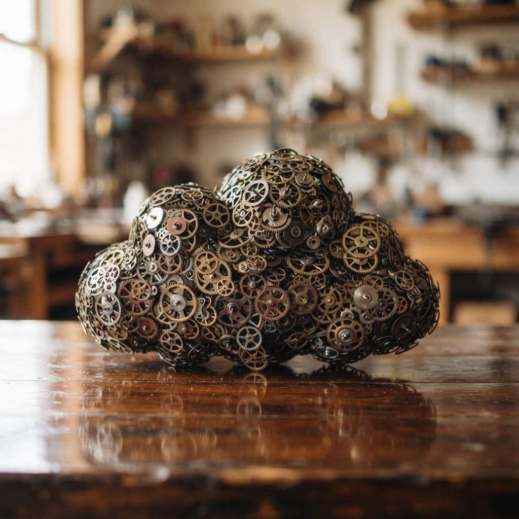 A sculpture shaped like a cloud formed from interlocking metal gears resting on a table.