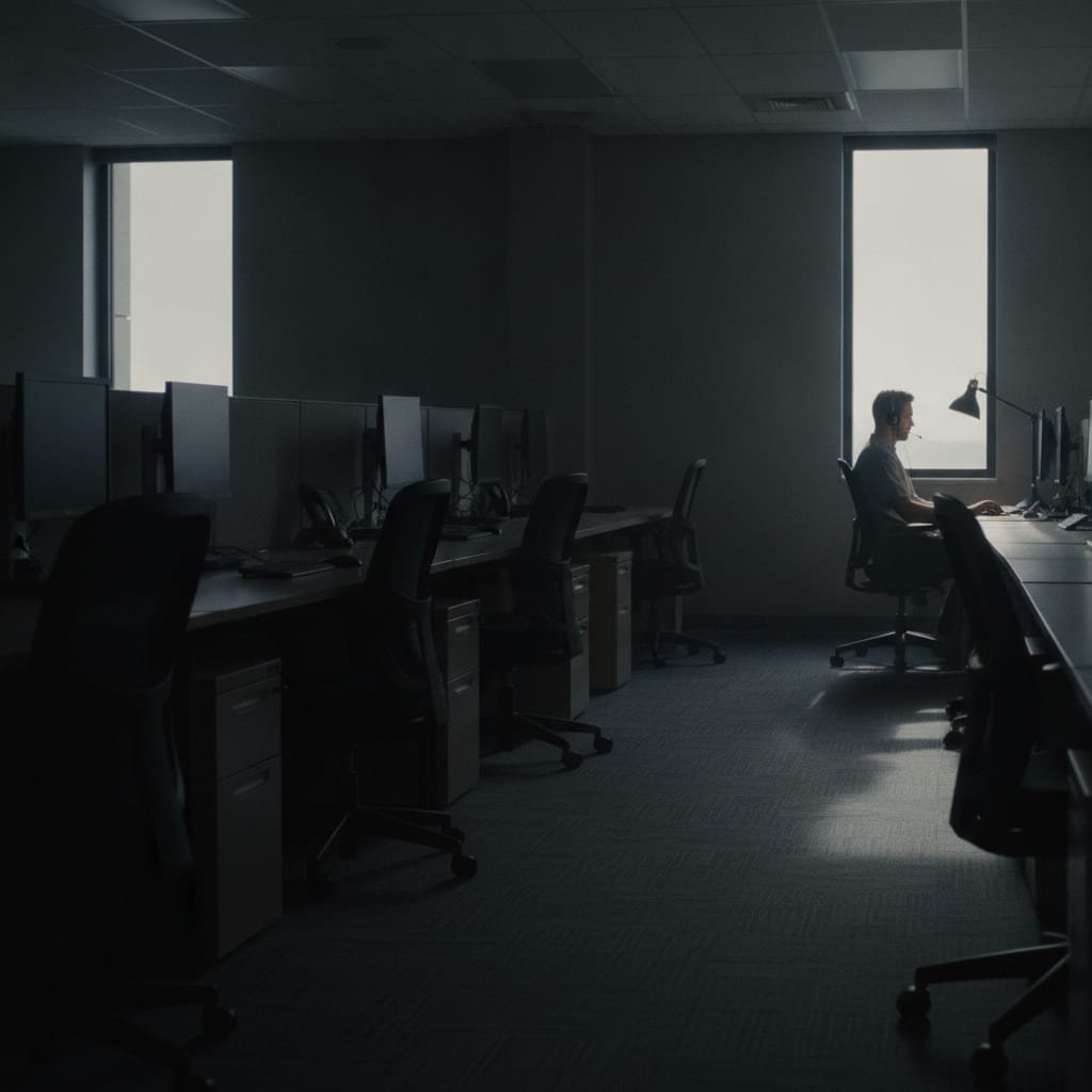 A single lit desk with a seated person wearing a headset stands out among rows of empty dark desks.