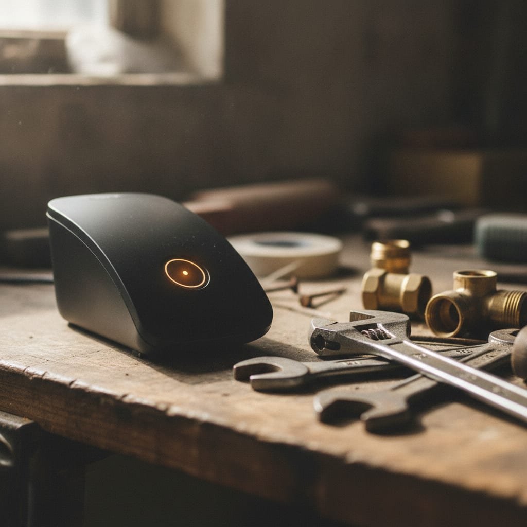 A small electronic call-answering device sits on a workbench surrounded by plumbing tools.
