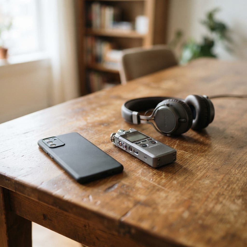 A smartphone, a small handheld recorder, and a pair of headphones arranged side by side on a wooden table.