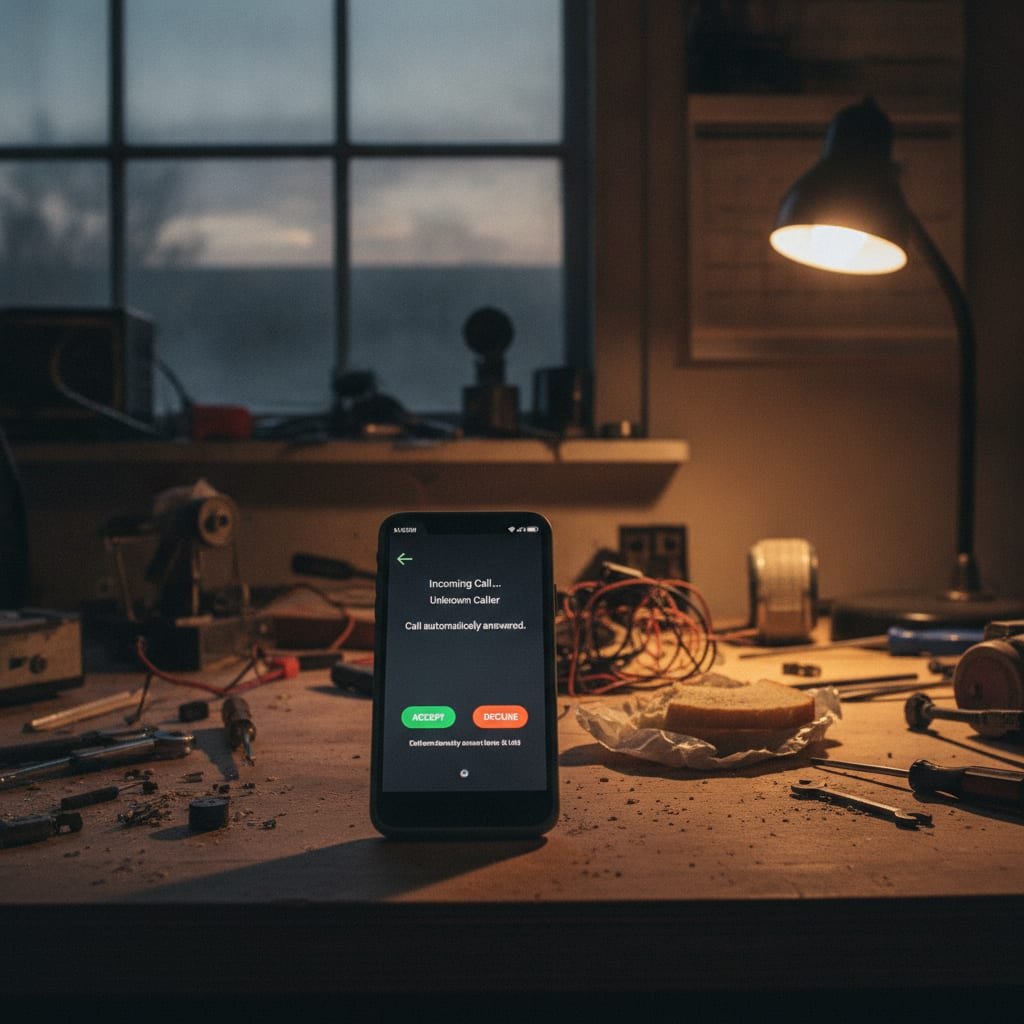 A smartphone on a workbench at night displays an incoming call that is being answered automatically.