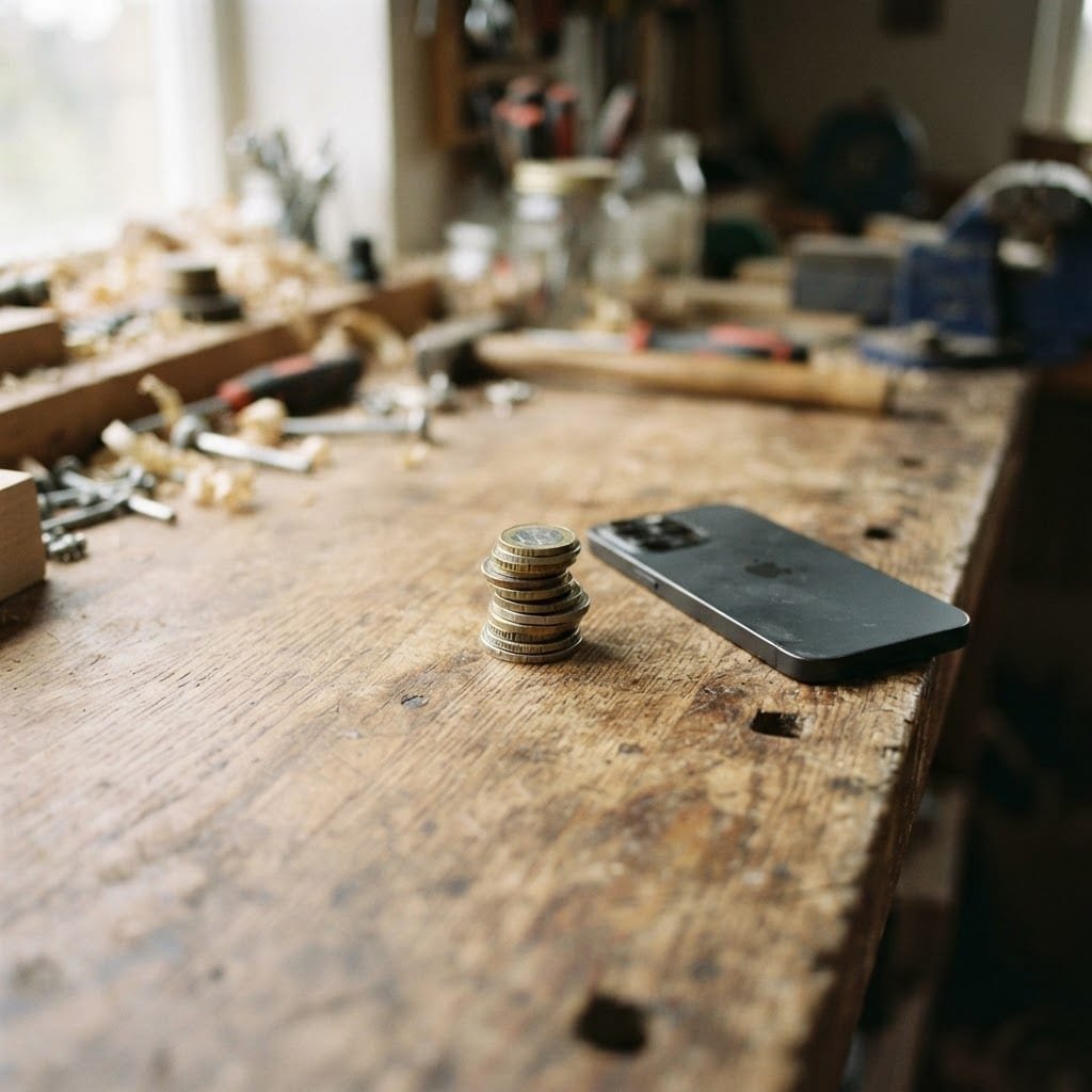 A stack of coins placed next to a switched-off smartphone on a wooden workbench.