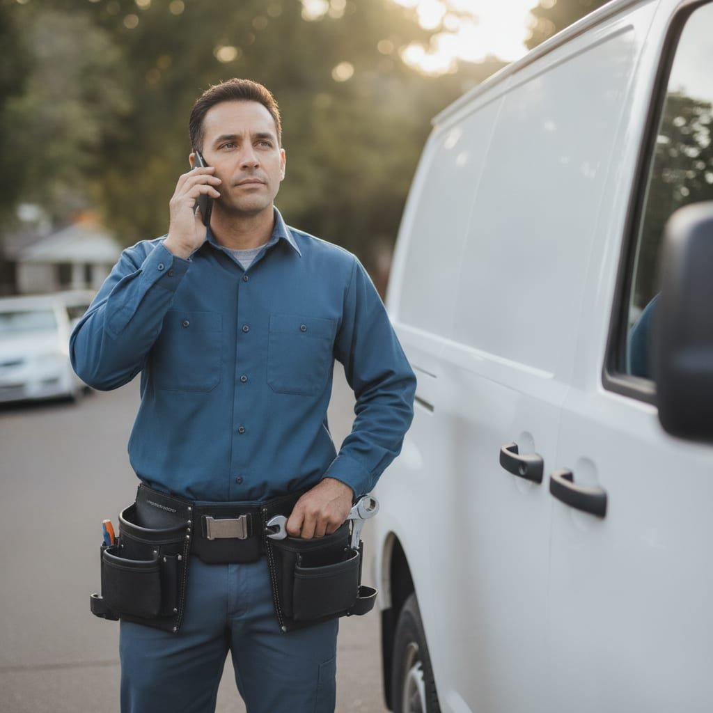 A technician in work clothes talks on a phone while standing next to an open service van.