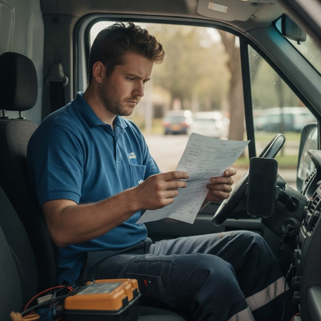 A technician sitting calmly in a van with a phone mounted face-down on the dashboard.