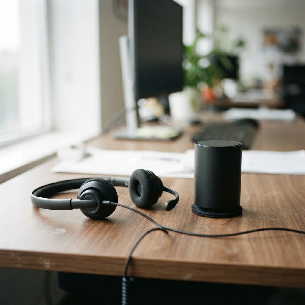 A telephone headset placed beside a small tabletop speaker device on an office desk.